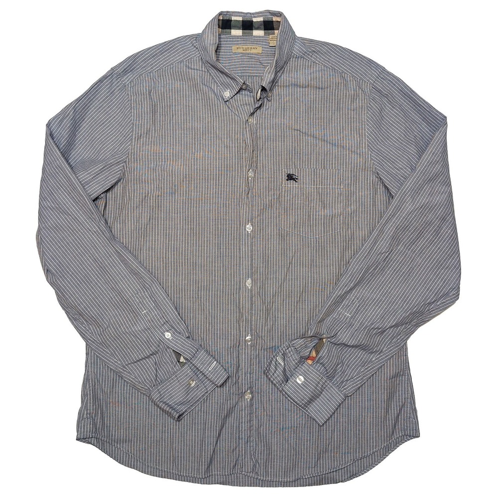 BURBERRY BRIT Long Sleeve Button Shirt Blue Gray Striped Large L
